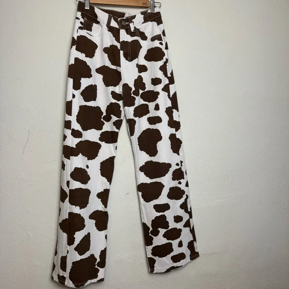 Cow‎ Print High Rise Wide Leg Denim Jeans